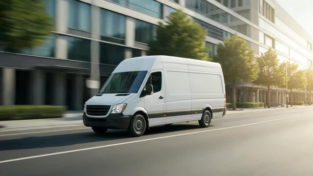 White delivery van driving on a city street with office buildings in the background