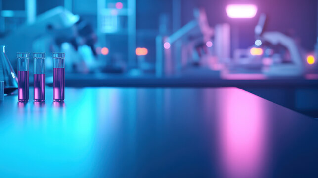 high tech laboratory scene featuring three test tubes filled with vibrant purple liquid, illuminated by colorful lighting. atmosphere is modern and innovative, showcasing advanced scientific