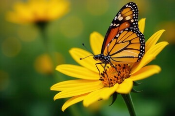 Fototapeta premium Vibrant monarch butterfly perched on a bright sunflower , black, monarch