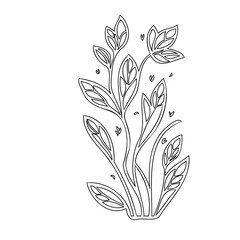 Botanical Illustration of Ornate Leaves and Stems in Black and White Outline Style