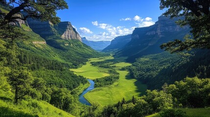 Lush valley nestled between towering mountains under a vibrant blue sky.  Green meadows and a winding river flow through the valley
