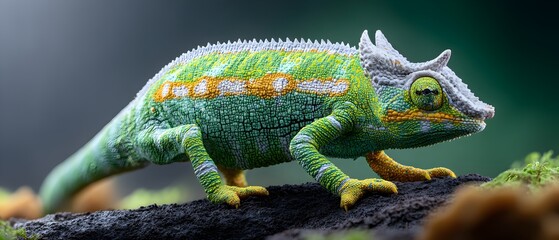 Naklejka premium A green and brown lizard is walking on the ground