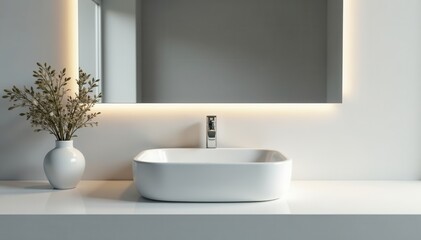 Fototapeta premium Sleek white porcelain sink, large mirror reflection, sink, home