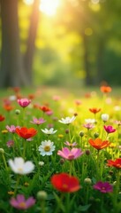 Fototapeta premium Vibrant wildflowers carpet a sunlit meadow, soft breeze ripples petals, grass, flora