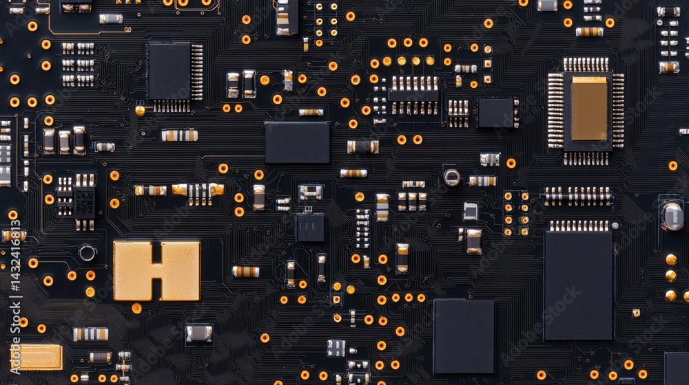 Poster a close-up view of a complex circuit board featuring various electronic components, traces, and conn