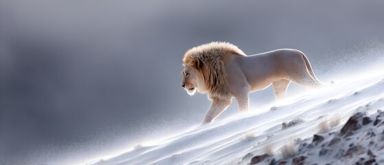 A lion is walking on a snowy hill
