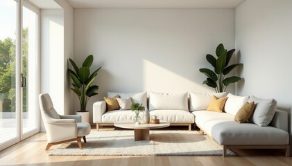 Bright, airy living room with minimalist furniture, cozy, plants, house
