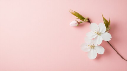 Fototapeta premium Delicate spring blossoms on a pastel pink backdrop.