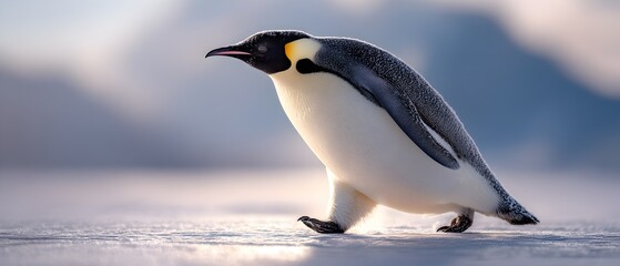 Obraz premium A penguin is standing on a snowy surface and blowing out steam