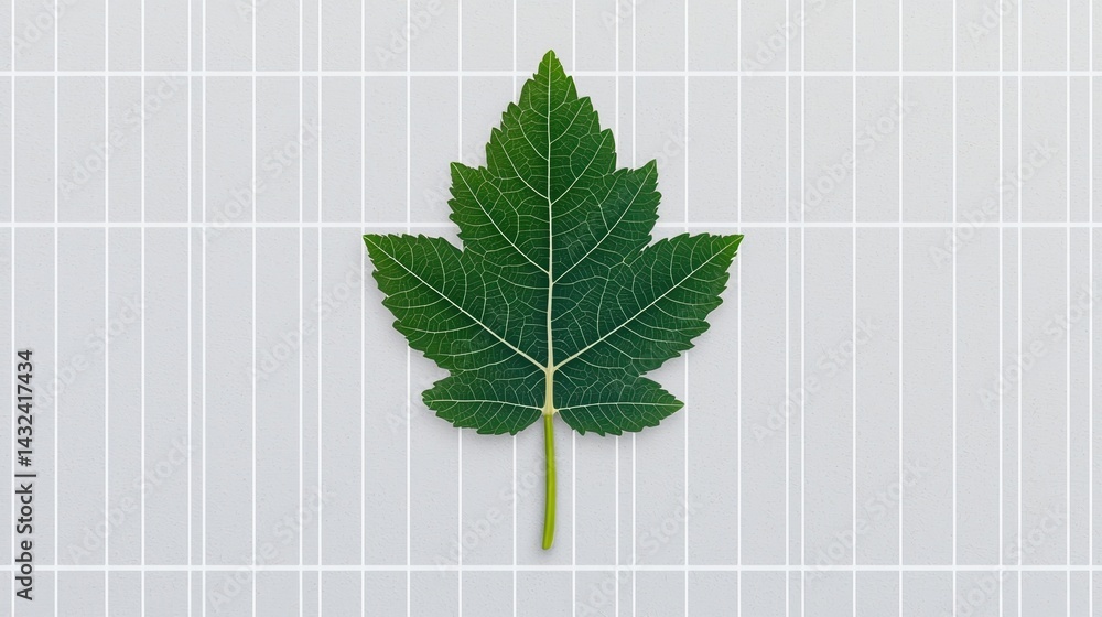 Poster a vibrant green leaf positioned neatly on a light grid background, showcasing its intricate veins an