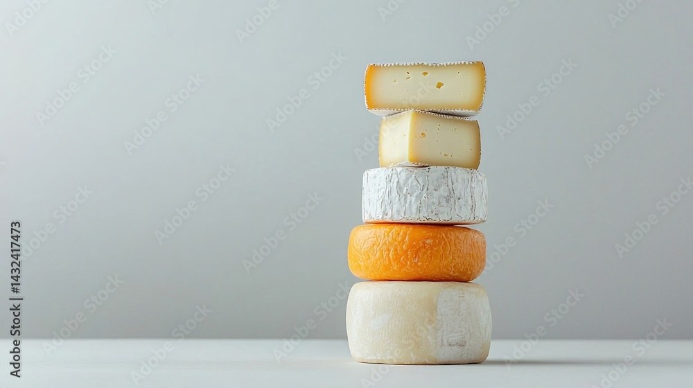 Poster a visually appealing stack of various cheeses, showcasing different shapes, colors, and textures aga