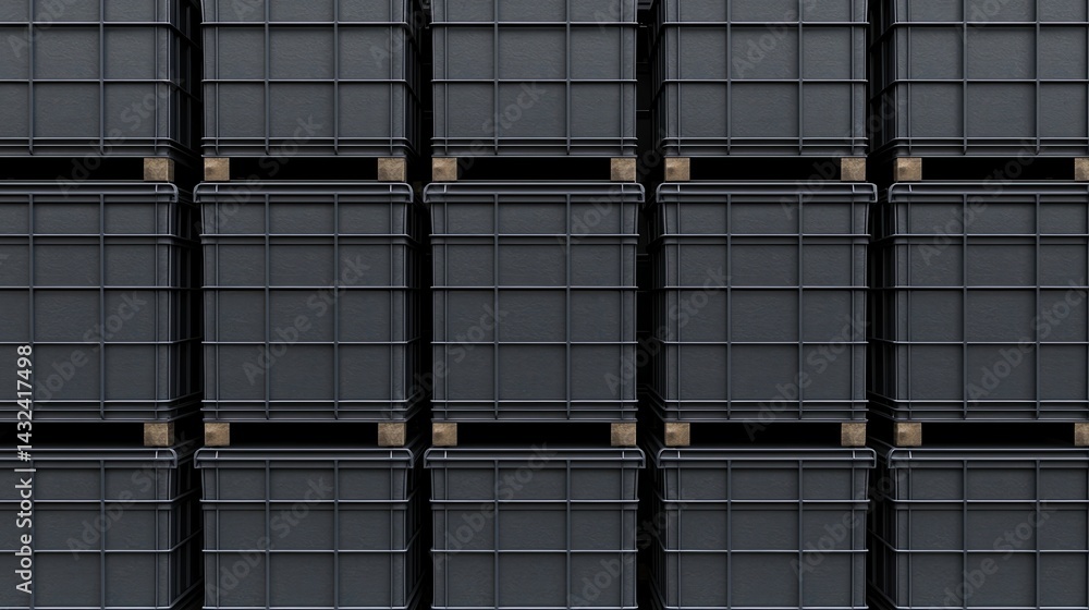 Poster a uniform arrangement of sturdy black storage containers stacked neatly, showcasing a minimalist and