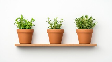 Three potted herbs on a wooden shelf against a simple wall, showcasing a fresh and vibrant indoor planting setup.