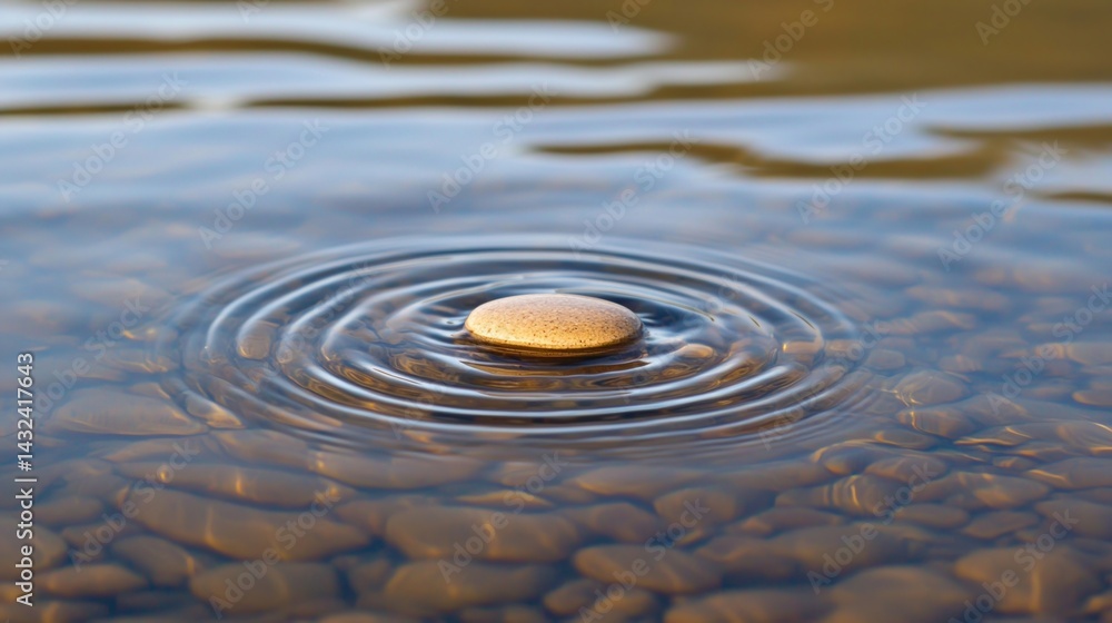 Poster a serene view of a stone creating ripples in calm water, surrounded by smooth pebbles, capturing a m