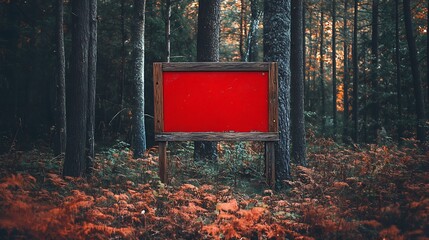 Blank red signboard in a forest at sunset. Retro style