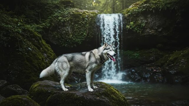 Majestic wolf-like dog standing on mossy rocks near a serene waterfall in a lush forest setting - perro husky siberiano