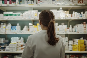 A pharmacy with a variety of medical supplies and medicines. A pharmacist arranges the pain relievers and labels them for easy access. The mood is careful and organized 