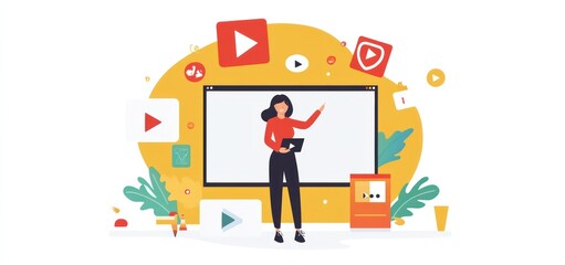Illustrated educator presenting online video lesson