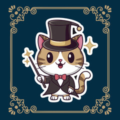 Magical Cat Cartoon: Cute cat in top hat with wand and stars