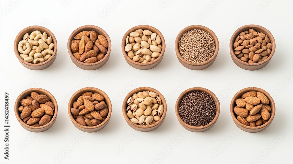 Poster a collection of various nuts and seeds displayed in small bowls, showcasing a variety of textures an