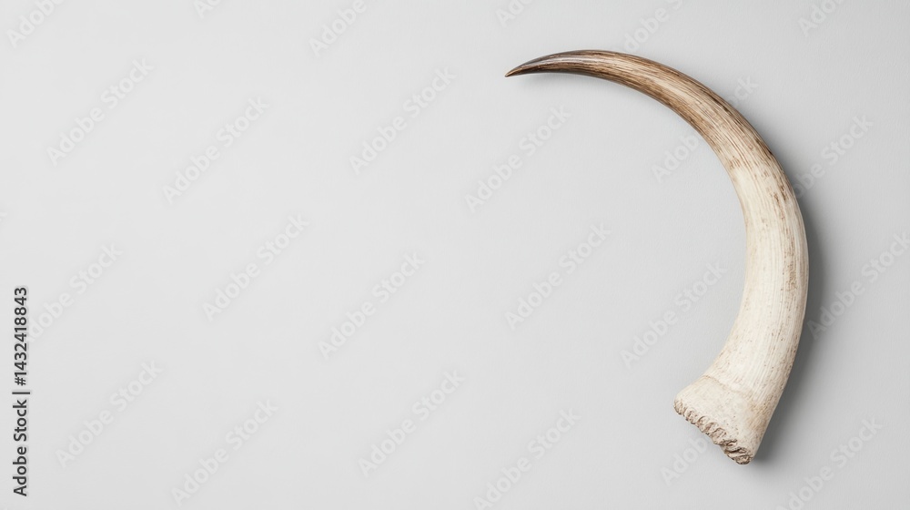 Poster a single curved tusk displayed against a plain background, emphasizing its unique shape and texture.