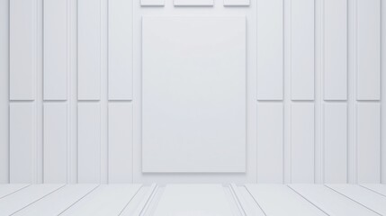 A minimalist interior featuring a blank white wall with paneling and a large empty frame, creating a clean and spacious aesthetic.