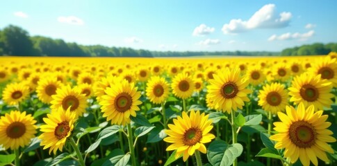 Fototapeta premium Vast field of sunflowers, clear sky overhead, idyllic summer scene , photography, idyllic