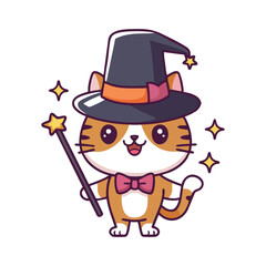 Magical Cat Cartoon: Cute cat in top hat with wand and stars