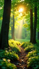Obraz premium Golden sunlight dapples vibrant green forest floor , vitality, shade