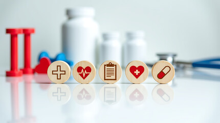 Healthcare and Medicine Concept with Wooden Blocks Displaying Medical Symbols, Pill Bottles, Stethoscope, and Exercise Equipment in the Background.