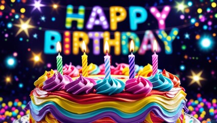 A colorful birthday cake with happy birthday candles and blue icing makes a sweet dessert for a fun celebration