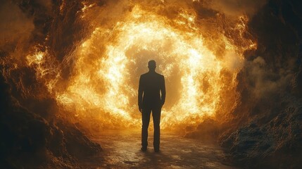 Obraz premium Man facing fiery portal