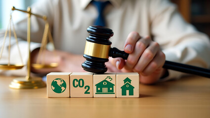 Environmental Law and Justice Concept with Gavel Striking Wooden Blocks Featuring Globe, Recycling Symbol, and Green Building Icon, with Scales of Justice in the Background.