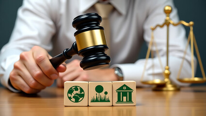 Environmental Law and Justice Concept with Gavel Striking Wooden Blocks Featuring Globe, Recycling Symbol, and Green Building Icon, with Scales of Justice in the Background.