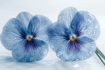 Close-up of two light-blue pansies with water droplets on a white background. Suitable for floral design or spring theme