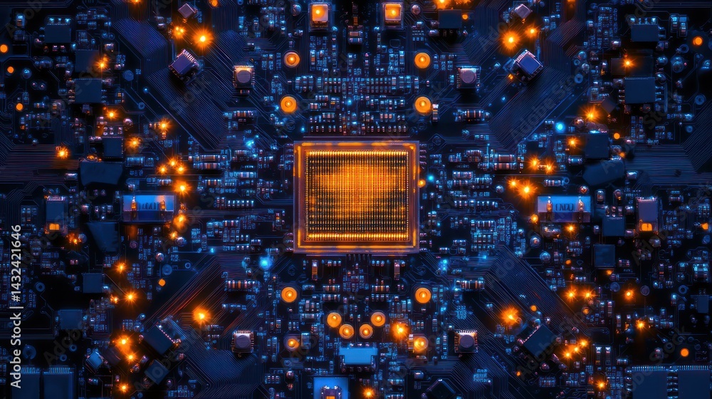 Poster detailed view of a computer circuit board, glowing, highlighting its core function