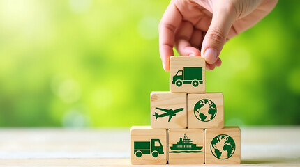  Conceptual Image of Green Logistics with Wooden Blocks Featuring Sustainable Transportation Icons (Truck, Ship, Airplane, Train) and Globes, Emphasizing Eco-Friendly Supply Chain Management.