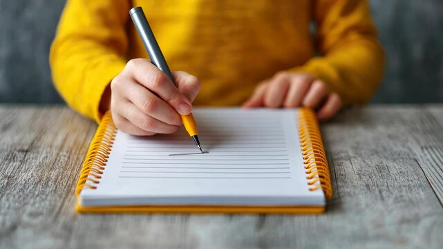 Creative Focus Writing in Lined Notebook with Pen, Embracing Education and Inspiration in Cozy Yellow Atmosphere