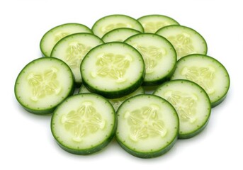 Cucumber slices arranged neatly on white background
