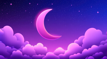 purple night sky with crescent moon and twinkling stars creates dreamy atmosphere, surrounded by fluffy clouds that enhance serene beauty of scene