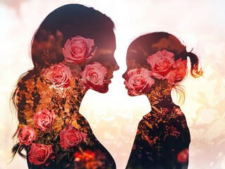 Double exposure of mother and daughter silhouettes with floral landscape, blending a woman's face in a sea of flowers to symbolize maternal love, family bonds, and emotional connection.