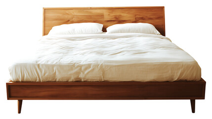 A wooden bed with white sheets