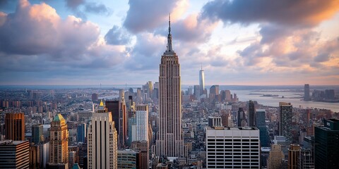 Panoramic view of New York City skyline at sunset (1)