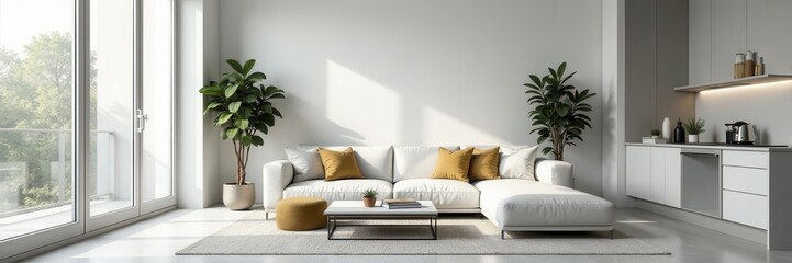 Modern Scandi studio apartment, white walls, grey accents, modern apartment, stock image
