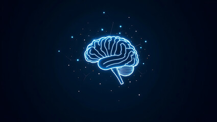 Glowing Blue Digital Illustration of a Human Brain on a Dark Background with Scattered White Dots, Representing Intelligence, Neuroscience, and Technology.