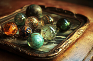 collection of decorative glass marbles in various colors and patterns, arranged on ornate tray. marbles exhibit intricate designs and textures, creating visually appealing display