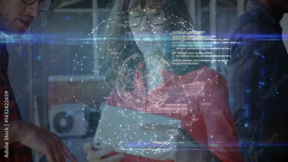 Aufkleber three professionals examining holographic network in technology lab, visualizing code streams