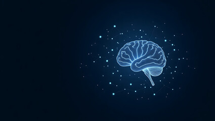 Glowing Blue Digital Illustration of a Human Brain on a Dark Background with Scattered White Dots, Representing Intelligence, Neuroscience, and Technology.