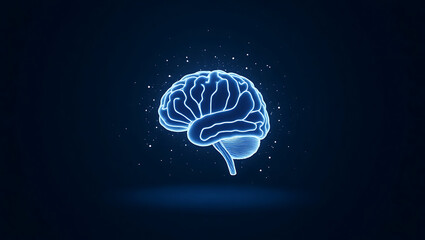 Glowing Blue Digital Illustration of a Human Brain on a Dark Background with Scattered White Dots, Representing Intelligence, Neuroscience, and Technology.