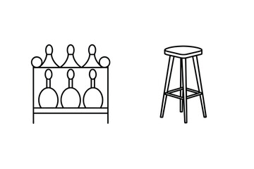 Bowling Pins Rack And Stool Furniture Illustration Black And White Outlines